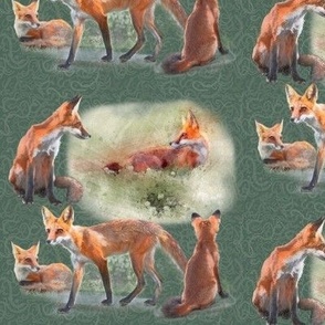 6x6-Inch Half-Drop Repeat of Five Young Foxes on Woodland Green