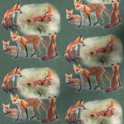 4x4-Inch Half-Drop Repeat of Five Young Foxes on Woodland Green