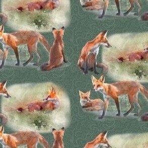 4x4-Inch Half-Drop Repeat of Five Young Foxes on Woodland Green