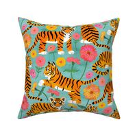 Tiger Cubs and Zinnias on Turquoise - Large