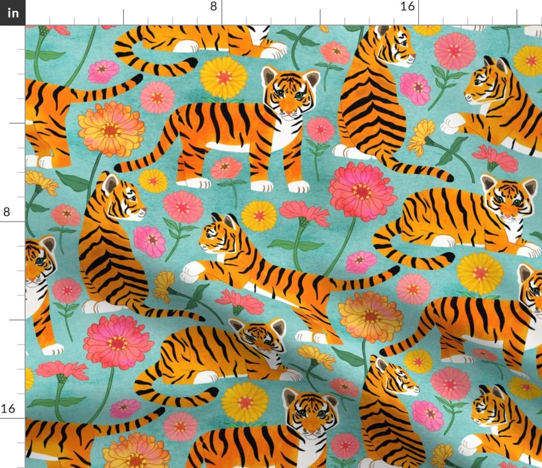 Tiger Cubs and Zinnias on Turquoise - Large
