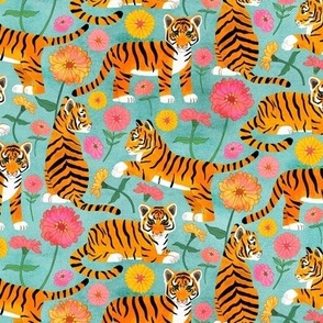 Tiger Cubs and Zinnias on Turquoise - Small