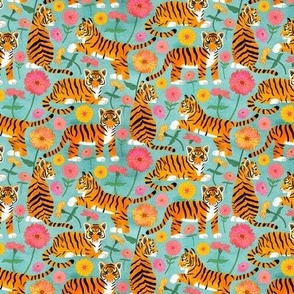 Tiger Cubs and Zinnias on Turquoise - Tiny