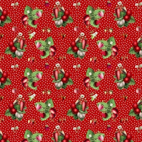 Strawberries and dots on dark red ground