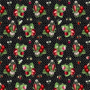 Strawberries and dots on black ground