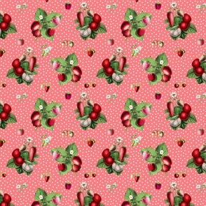 Strawberries and dots on coral ground