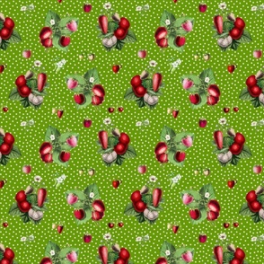 Strawberries and dots on grass green ground