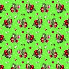 Strawberries and dots on spring green ground