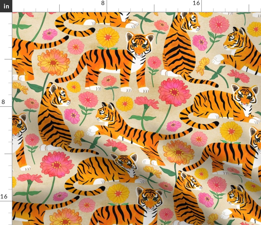 Tiger Cubs and Zinnias on Cream - Large