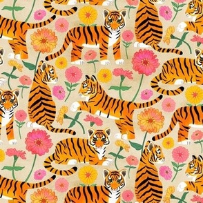 Tiger Cubs and Zinnias on Cream - Small