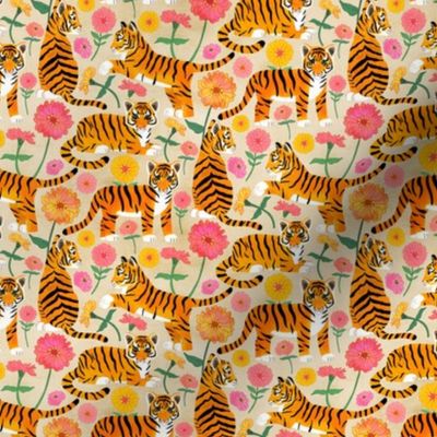 Tiger Cubs and Zinnias on Cream - Tiny