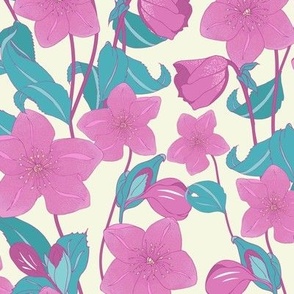 Hellebore flowers in an arts and craft style, deep pink floral with teal 