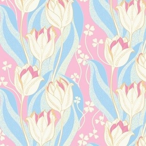 soft pastel tulips in an arts and craft style, pinks and blues