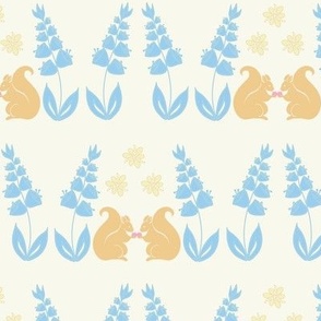 Little squirrels in rows,  geometric repeat in mustard yellow and baby blue
