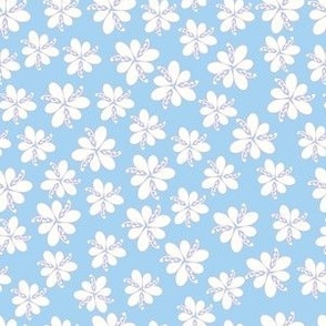 stylised woodland flowers, scattered floral in light blue and white fabric