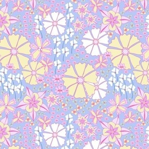 Columbine flowers in a modern vintage style floral in pastel lilac and yellow