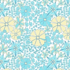 Columbine flowers in a modern vintage style floral in pastel turquoise and yellow