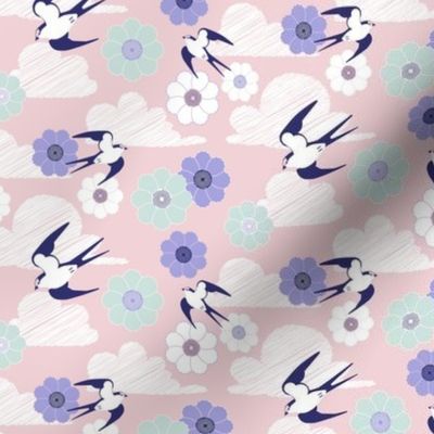 Small scale • Swallows arrive in spring - pink background