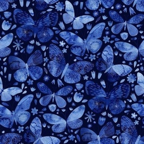 Indigo Blue Butterflies Watercolor Dark Small Scale