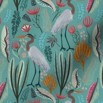 Heron and plants - turquoise - 7 in