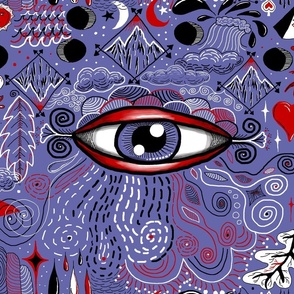 very peri periwinkle. the all seeing eye! jumbo large scale, blue purple lavender violet red black and white quirky surreal