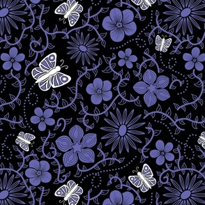 Very Peri Flowers and Butterflies (peri on black with white butterflies)