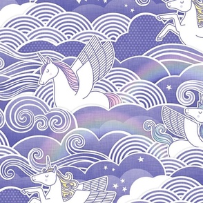 Unicorn Dreams- Large- Periwinkle Purple- Very Peri- Pantone Color of the Year 2022- Girl Unicorn Wallpaper- Magical Baby Girl Nursery- Night Sky With Rainbows and Unicorns- Unicorn Fabric