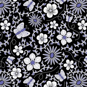 Very Peri Flowers and Butterflies (white with peri on black))