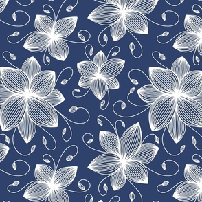 Floral Tendrils in White on Navy