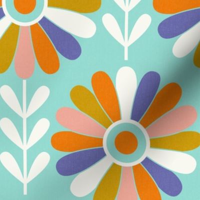 Coming Up Daisies - Retro Floral - Aqua Large Scale