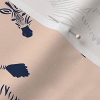 Zebra Parade - Two Tone Navy Blue on Blush Pink - Large Scale