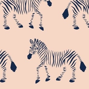 Zebra Parade - Two Tone Navy Blue on Blush Pink - Large Scale