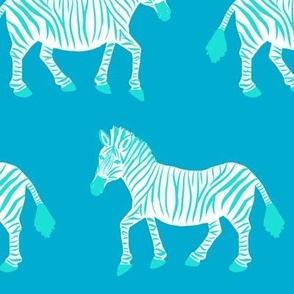 Zebra Parade - Aqua and White on Bright Blue - Large Scale