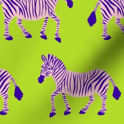 Zebra Parade - Violet Purple and Blush Pink on Bright Lime Green - Large Scale