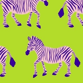 Zebra Parade - Violet Purple and Blush Pink on Bright Lime Green - Large Scale