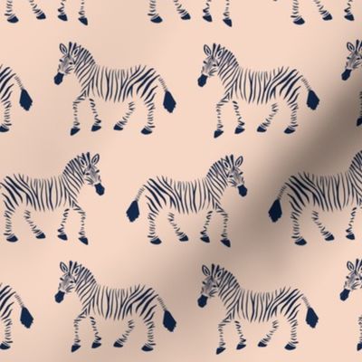 Zebra Parade - Two Tone Navy Blue on Blush Pink - Small Scale