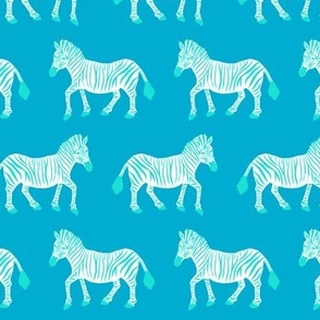 Zebra Parade - Aqua and White on Bright Blue - Small Scale