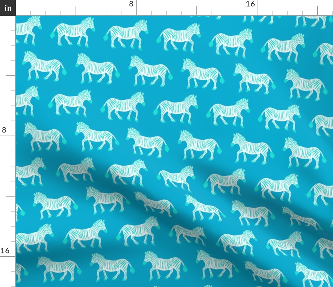 Zebra Parade - Aqua and White on Bright Blue - Small Scale