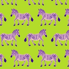 Zebra Parade - Violet Purple and Blush Pink on Bright Lime Green - Small Scale