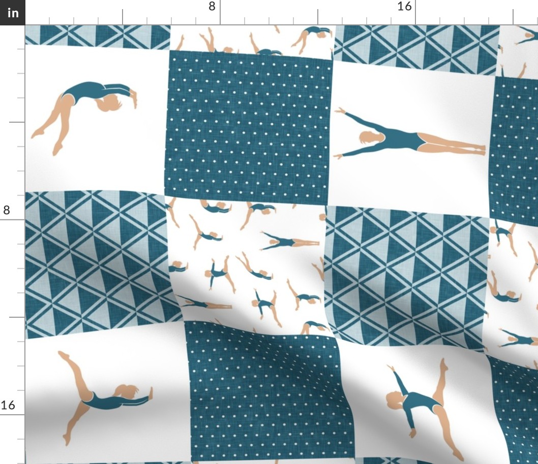 gymnastics patchwork - teal - gymnast patchwork fabric -(90)  LAD22