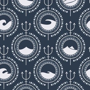 Ocean waves and nautical shapes | Navy Blue and Pure White - small scale