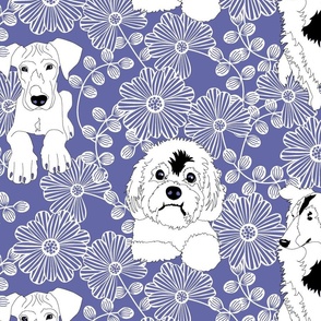 Periwinkle Blue Dogs and flowers daisy floral blanket large print dog fabric