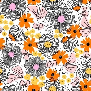 Modern Floral Line Art Red White Black Yellow