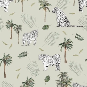 Hand Drawn Black And White Tigers With Trees And Leaves Light Green Medium