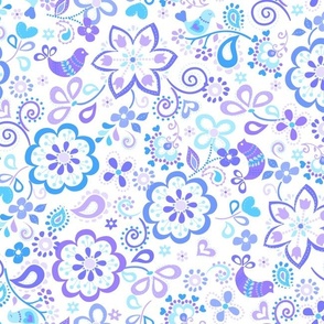 568 Folk Flowers and Birds blue on white-01