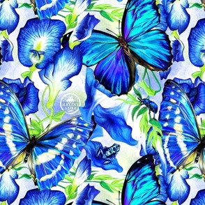blue pea flower morning glory pattern with animals