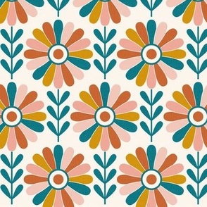 Coming Up Daisies - Retro Floral - Ivory  Boho Blush Teal Regular Scale