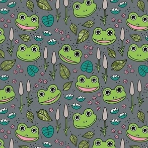 Funny happy frog pond sweet frogs friends english garden and river illustration lilies and leaves bright green pink blue on charcoal 