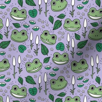 Funny happy frog pond sweet frogs friends english garden and river illustration lilies and leaves green mint white on lilac purple 