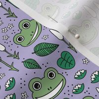 Funny happy frog pond sweet frogs friends english garden and river illustration lilies and leaves green mint white on lilac purple 